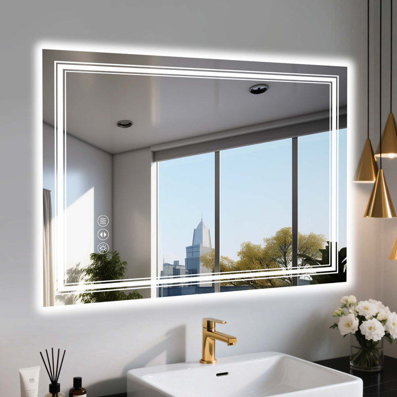 Miroir de salle de bain sans cadre à DEL, miroir intelligent, Rectangulaire, Horizontale, 32 po x 48 po