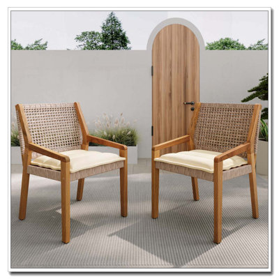 Ensemble de 2 chaises d'extérieur avec coussin en bois d'acacia, osier et crème