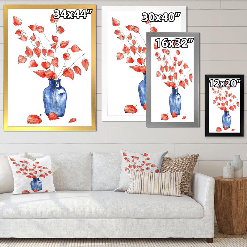 Automne, nature morte avec vase bleu, fleurs orange - peinture sur toile, H 32 po x l 24 po