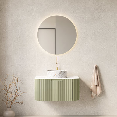 Meuble-lavabo de 30 po avec lavabo rond en céramique à motif de pierre blanche, armoire de rangement à rayures 3D, pré-assemblé, grand espace, tiroir à fermeture en douceur