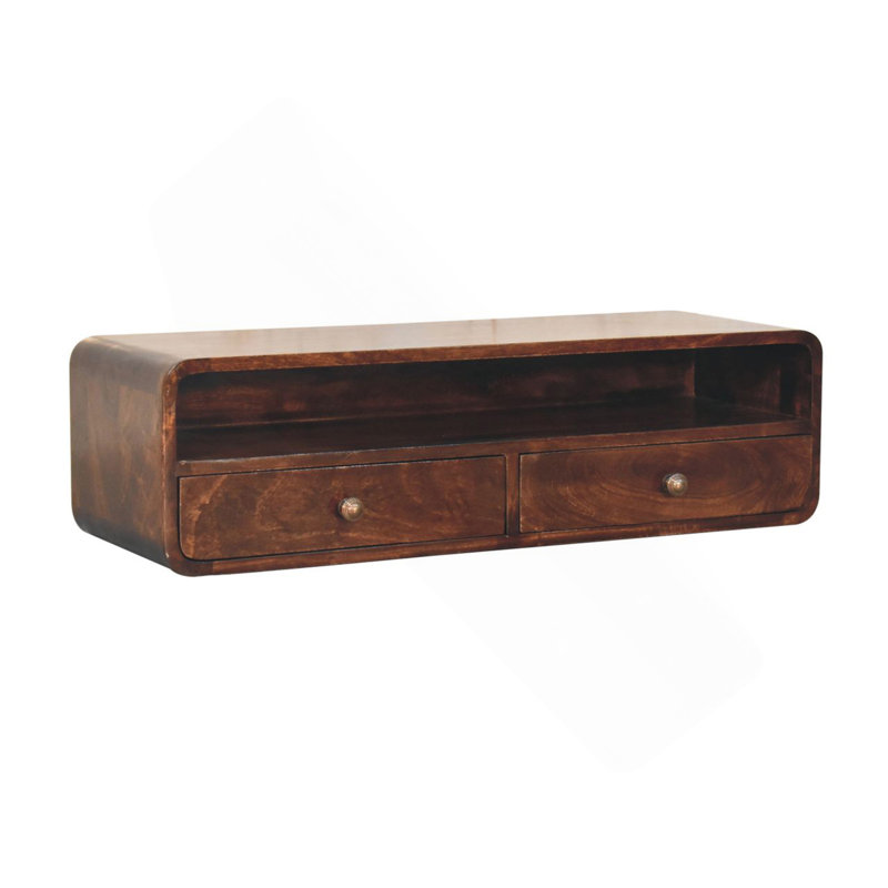 Console flottante en bois massif noyer de Californie, 2 tiroirs, brun