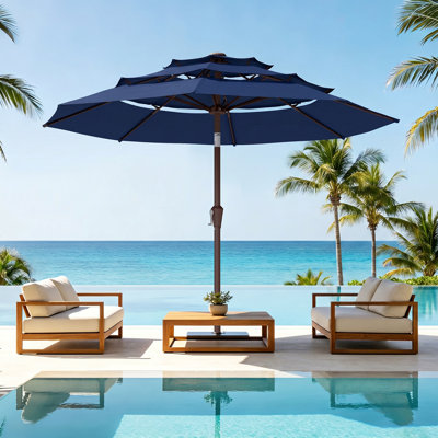 9ft 3-tier Patio Umbrella With Push Button Tilt & Crank Lift, Outdoor Market Umbrella For Garden Deck Backyard