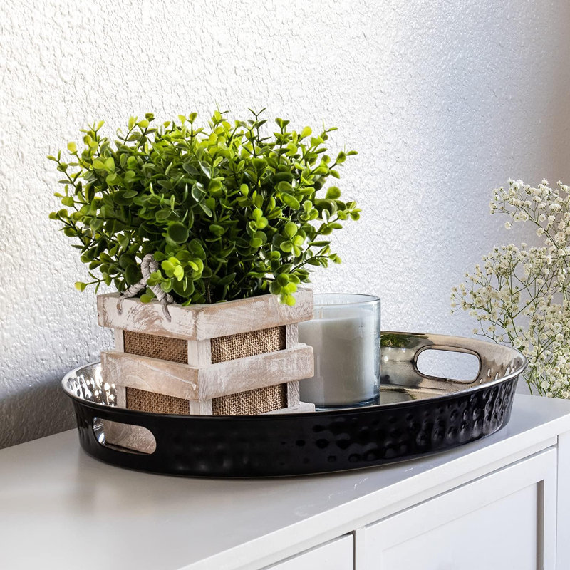 Hand Hammered Metal Decorative Oval Vanity Serving Tray with Handles, Black and Nickel Finish, Black/Nickel