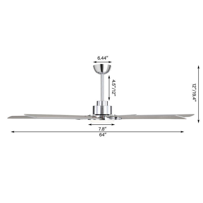 64 po Ventilateur de plafond 6 pales avec moteur à courant continu réversible à télécommande, Chrome chrome, Chrome chrome