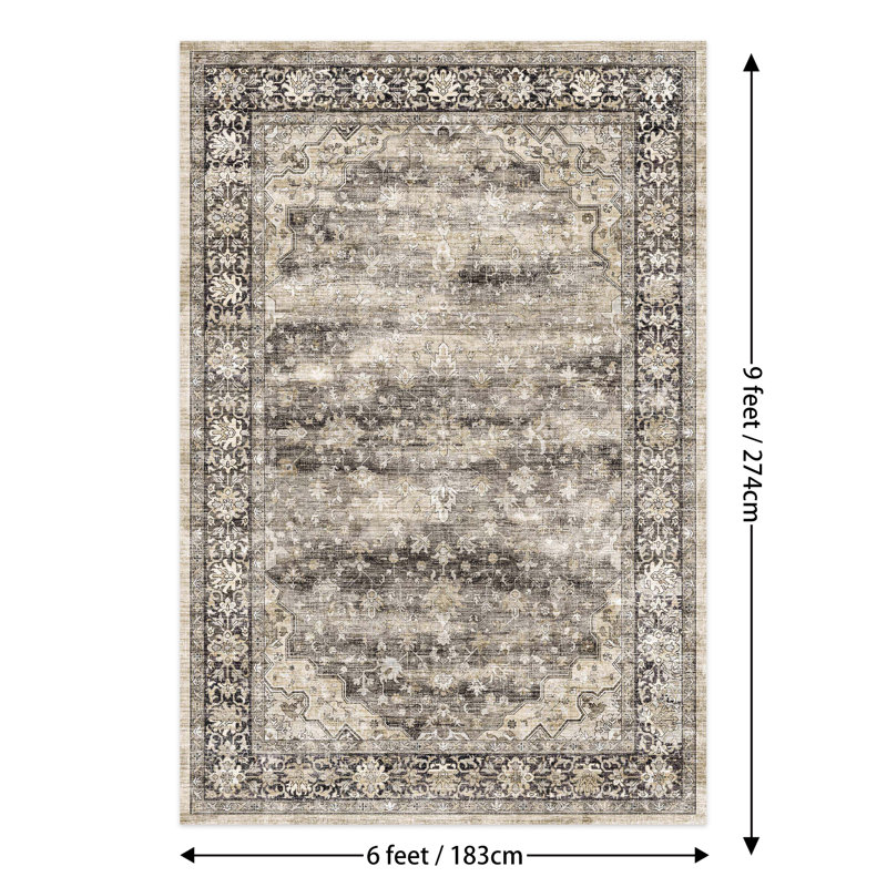 Redenhalk Gray/Beige/Brown Machine Washable Area Rug,Non-Slip Bordered Rug For Living Room, Hallway, Entryway