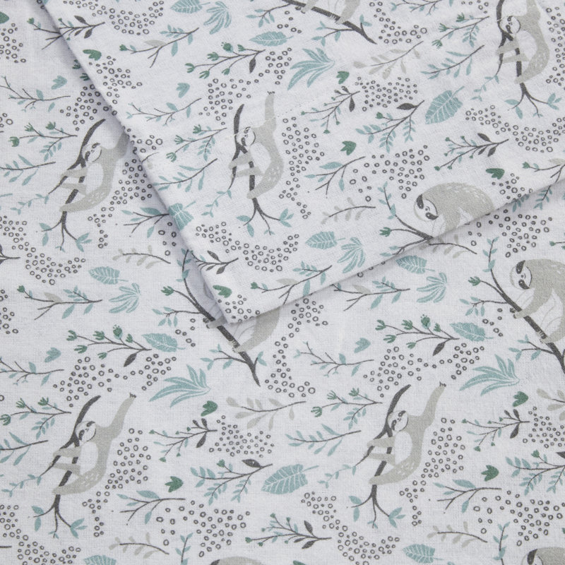 Gray Sloth Print Twin Cotton Flannel Sheet Set