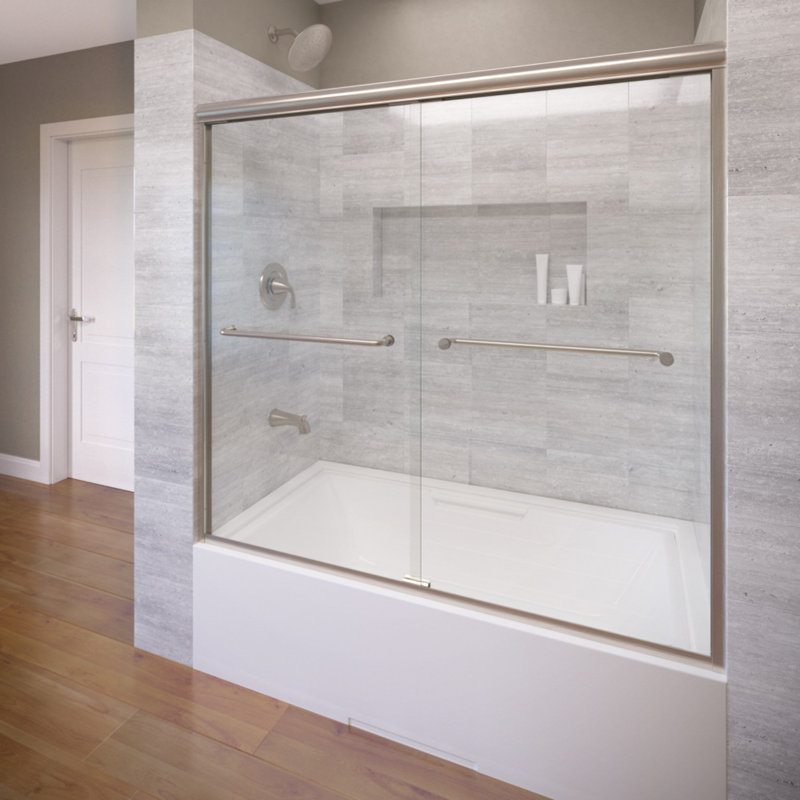 Infinity 29.25" W x 57" H Bypass Semi- Frameless Tub Door, Brushed Nickel, AquaGlideXP clear