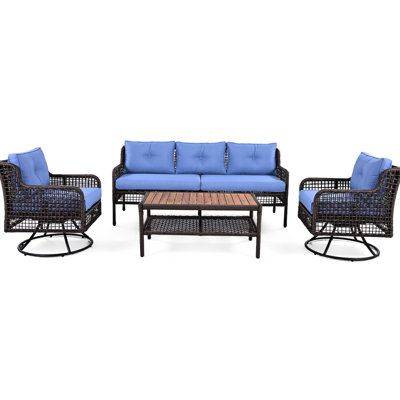 4 Pieces Blue Patio Furniture , Featuring Sofas, 2 Swivel Rocking Chairs And Wood Table, High - Quality Cushions 5 Person With , 3 Seater , Coffee Easy To Install Clean