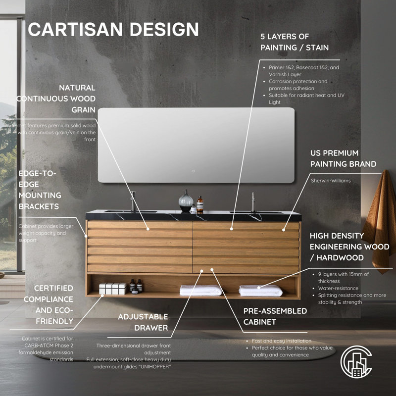 Matera 72" W Double Vanity, Pecan Oak, Black