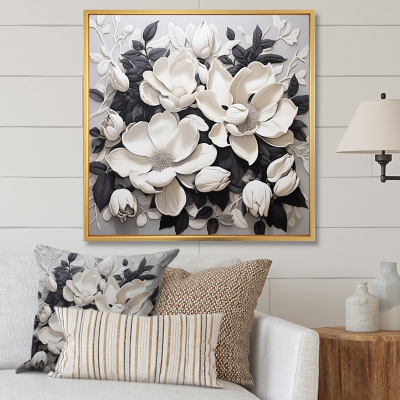 Tapisserie blanche et grise de magnolias sur toile, Cadre flottant doré, H 16 po x l 16 po x P 1 po