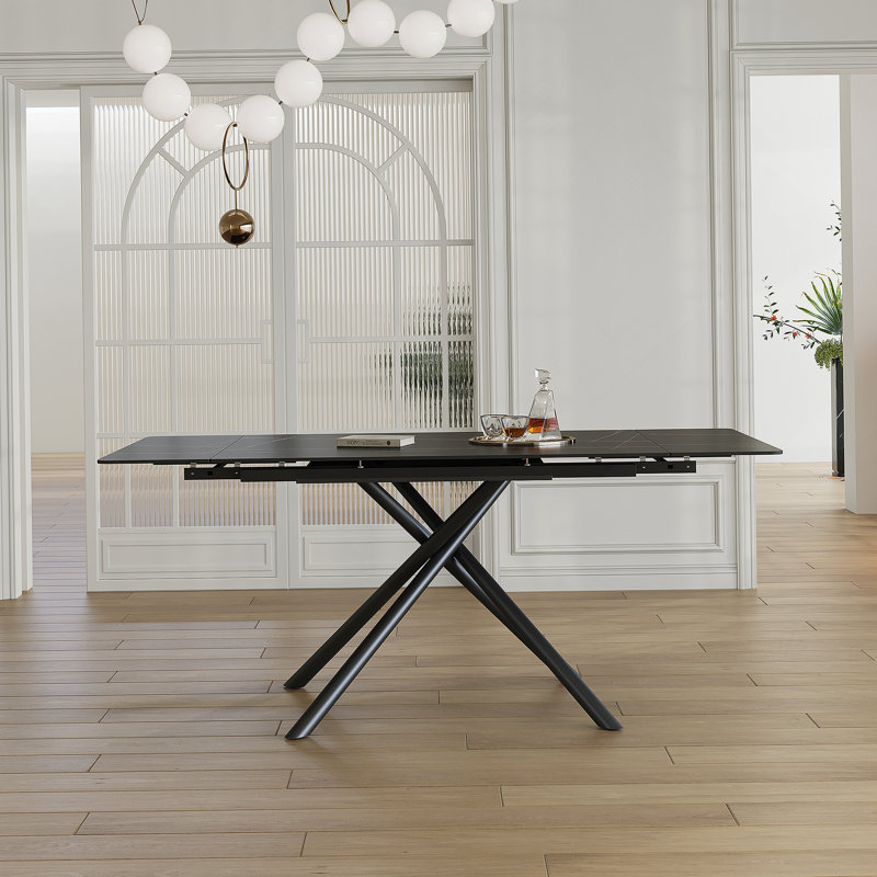 Table de salle à manger rétractable en pierre frittée, de conception rectangulaire moderne, avec des pieds en acier au carbone noir au bas, 83 pouces convenant à 6 à 8 sièges (noir)
