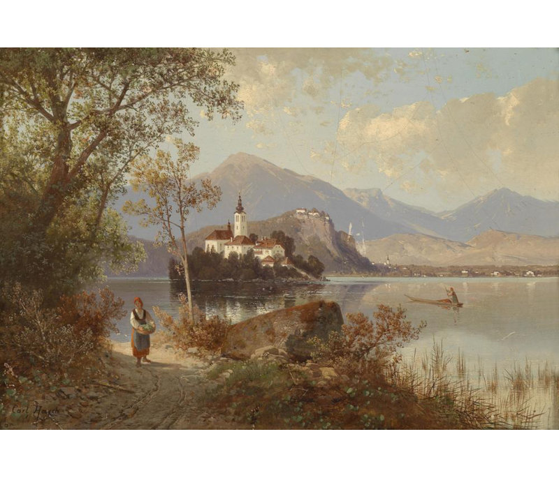 «View of Lake Bled» par Carl Hasch - Art mural sur toile tendue avec châssis, H 40 po x l 28 po