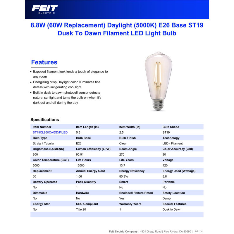 Ampoule DEL Feit ST19 E26 (moyenne) crépuscule à l'aube, équivalente à 60 watts, paquet de 1