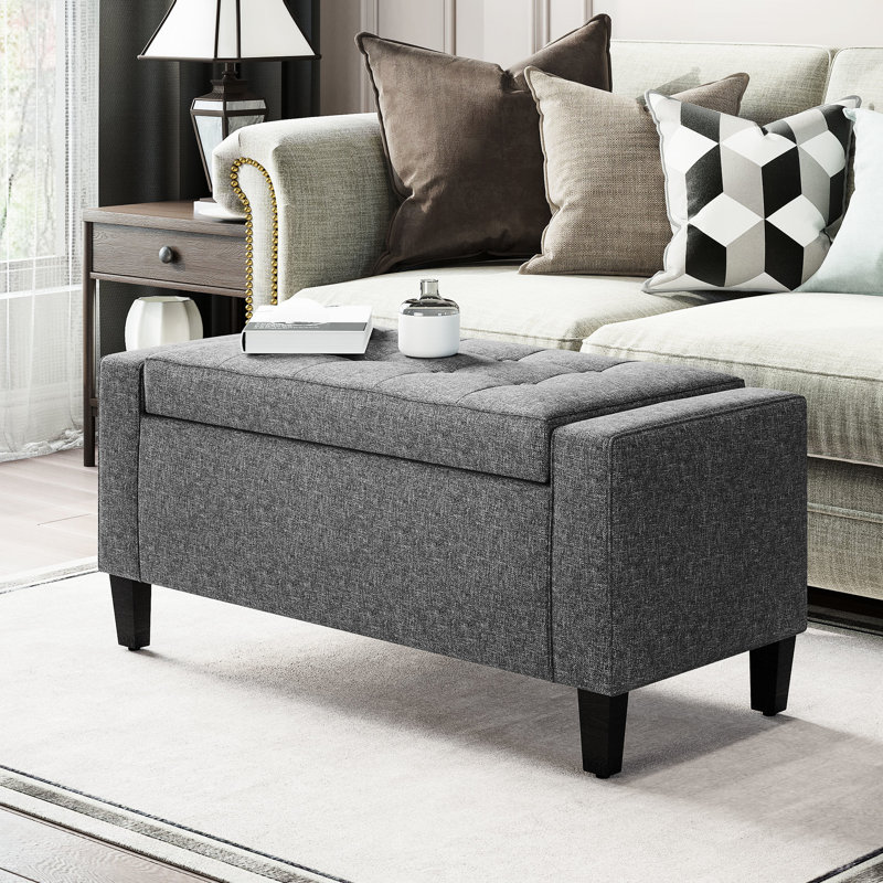 Banc de rangement en lin gris, plateau relevable avec bouton pour espace de vie, fonctionnel comme tabouret de pieds, banc de lit et repose-pieds polyvalent avec espace généreux, grand compartiment