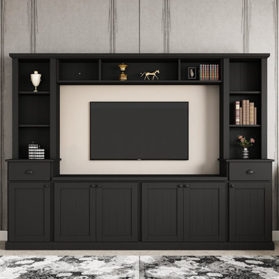 Meuble audio-vidéo en bois avec armoires et tablettes ouvertes