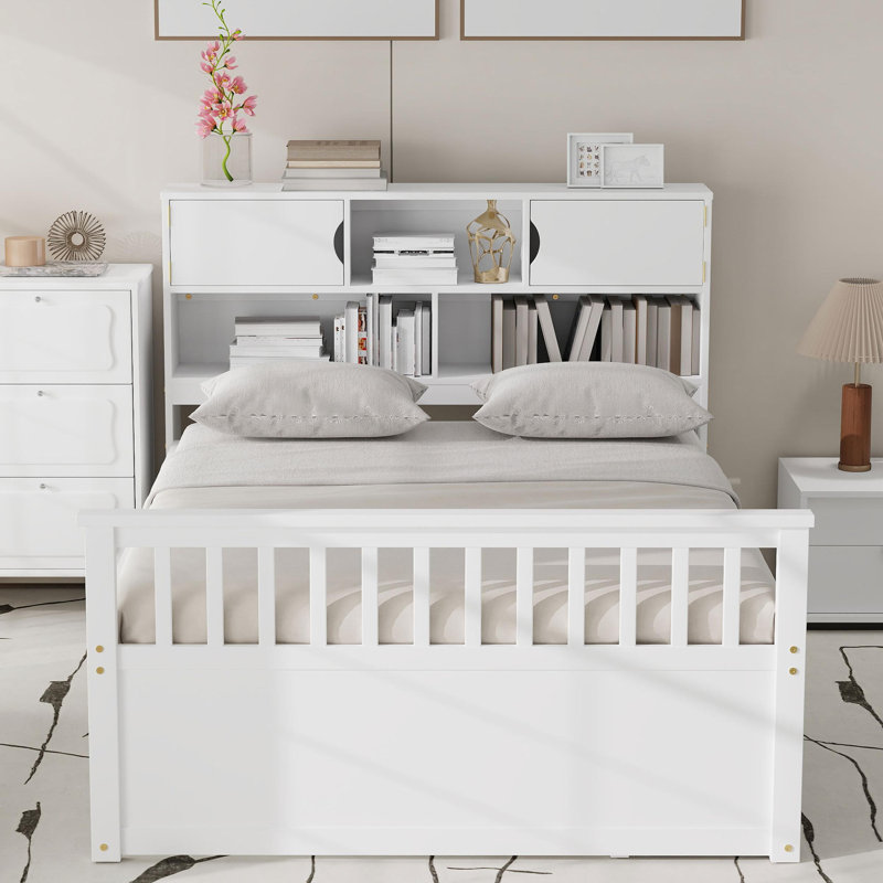 Platform Bed Frame with Storage Bookshelves and Shelves, White