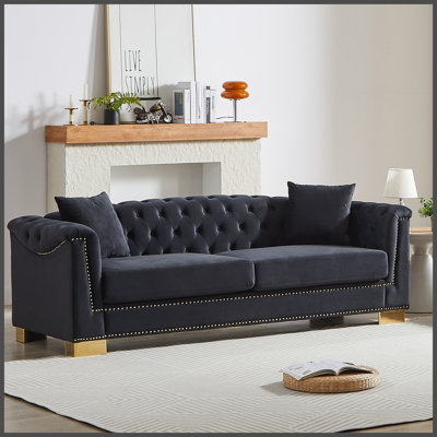 {Vidéo] Canapé moderne classique, canapé Chesterfield de 84 pouces avec accoudoirs roulés classiques et nuages décoratifs à pampilles en velours, canapé trois places de luxe convenant aux salons, chambres à coucher, appartements,