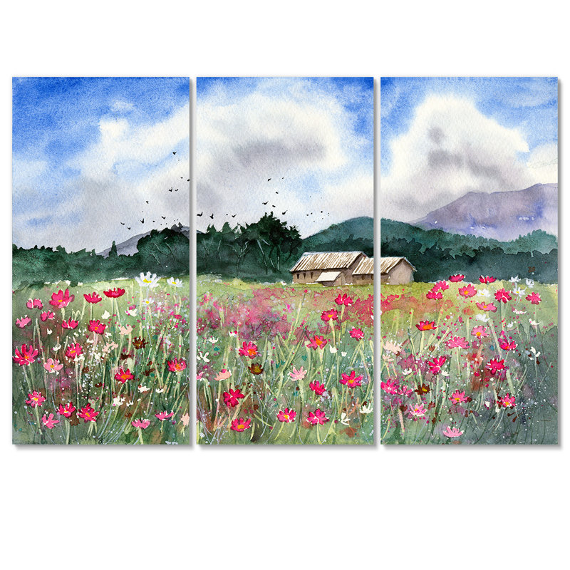 Paysage avec un champ de fleurs blanches et roses - peinture sur toile tendue 3 pièces, H 28 po x l 36 po x P 1 po
