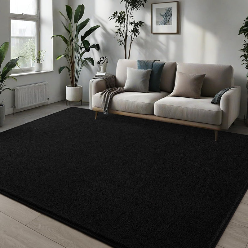 Solid Colour Shag Area Rug, Rectangle 122 x 183 cm, Black