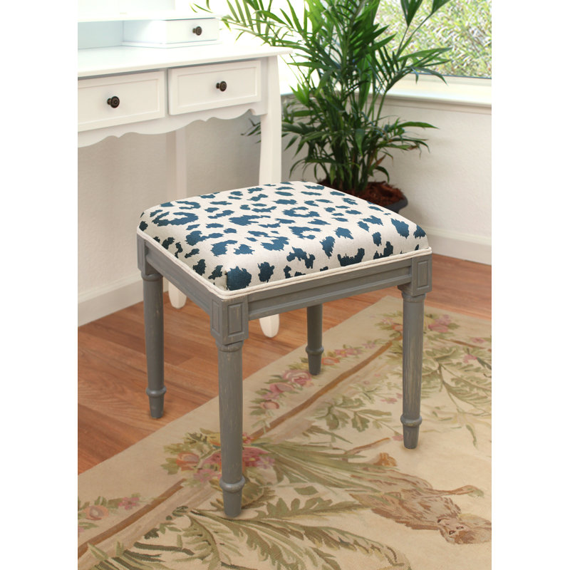 Camfort Solid Wood Accent Stool, Antique White, Navy Blue