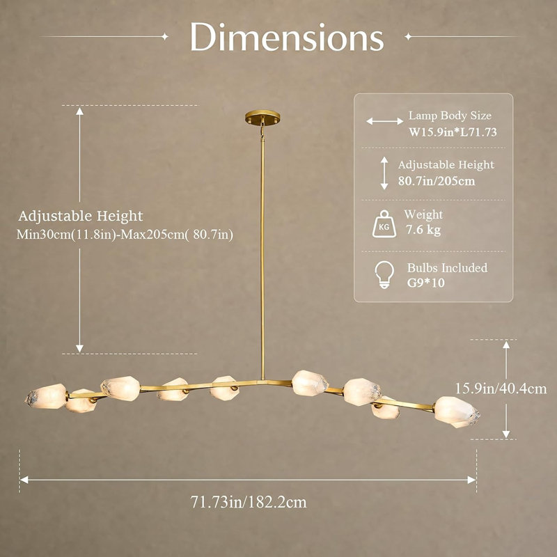 Lustre à branches en laiton antique à 6 lumières, intensité variable, 42 pouces, avec abat-jour en verre taillé nuageux, 42"