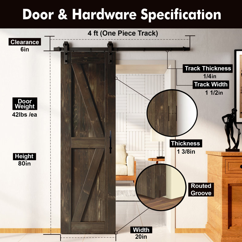 Porte en bois de pin massif 5-en-1 de conception 80 po avec quincaillerie d'installation rustique noire 5 en 1, 20 po x 80 po