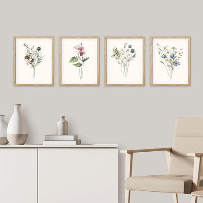 Minimal Botanical " IDEA4WALL Framed Forest Wildflower Collage Wall Art, Set Of 4 Floral Botanical Print Wall Decor Prints, Nature Wilderness Wall Decor For Living Room, Bedroom " 4 - Pieces