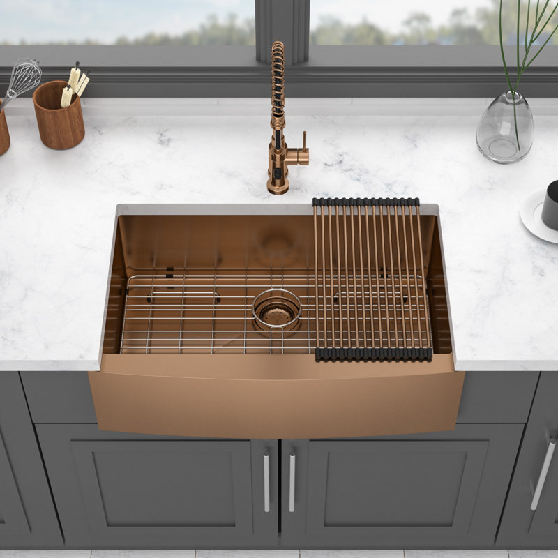 Évier de cuisine Farmhouse - Tablier avant en acier inoxydable de calibre 16 | Idée de cadeau, Or rose