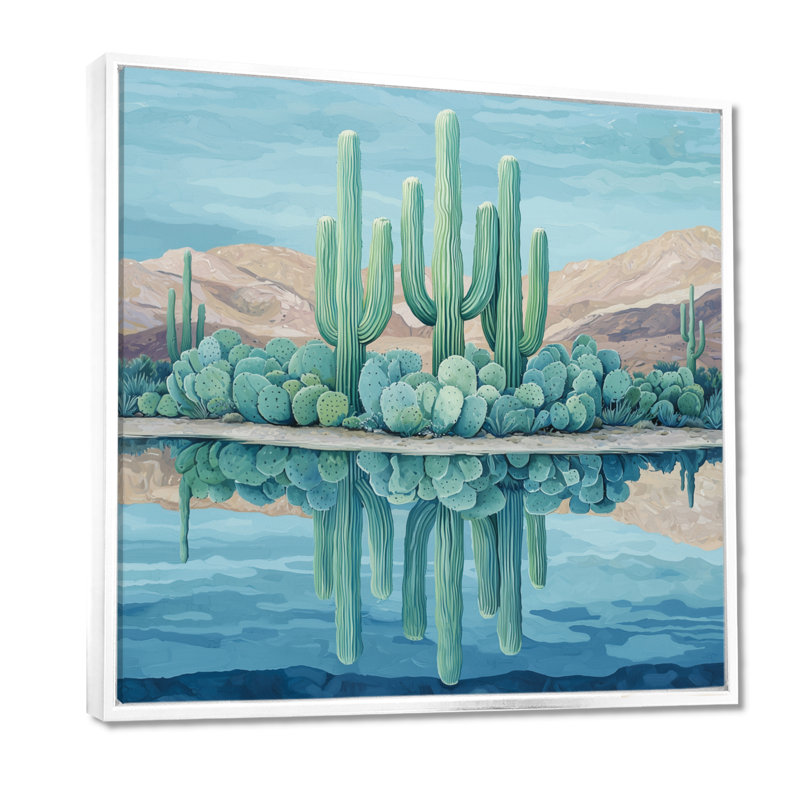 Marelya cactus et l'oasis du désert I - art mural cactus, Impression encadrée flottante, H 30 po x l 30 po, Blanc