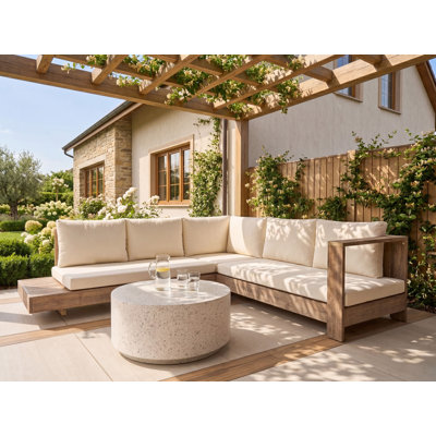 Rupakus 225 cm W L-Shaped Acacia Patio Corner Sofa with Cushions