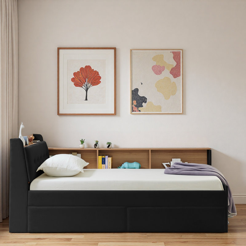 Multi-functional Daybed With Storage Headboard, Wireless Charging, 2 Storage Drawers And Led Lights, Black