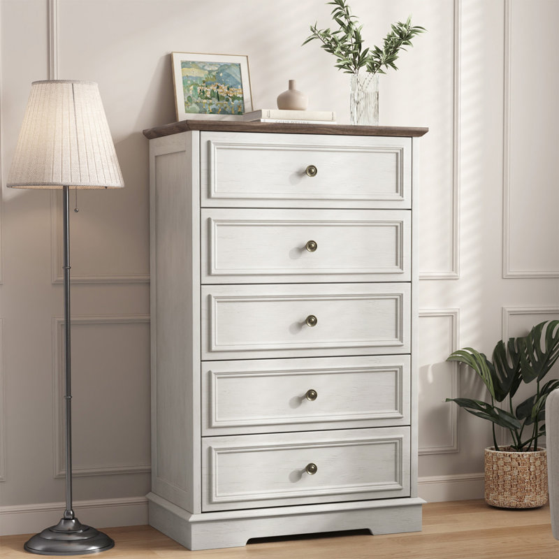 Commode 5 tiroirs l 27,5 po avec poignées couleur bronze Valera, Blanc/noyer