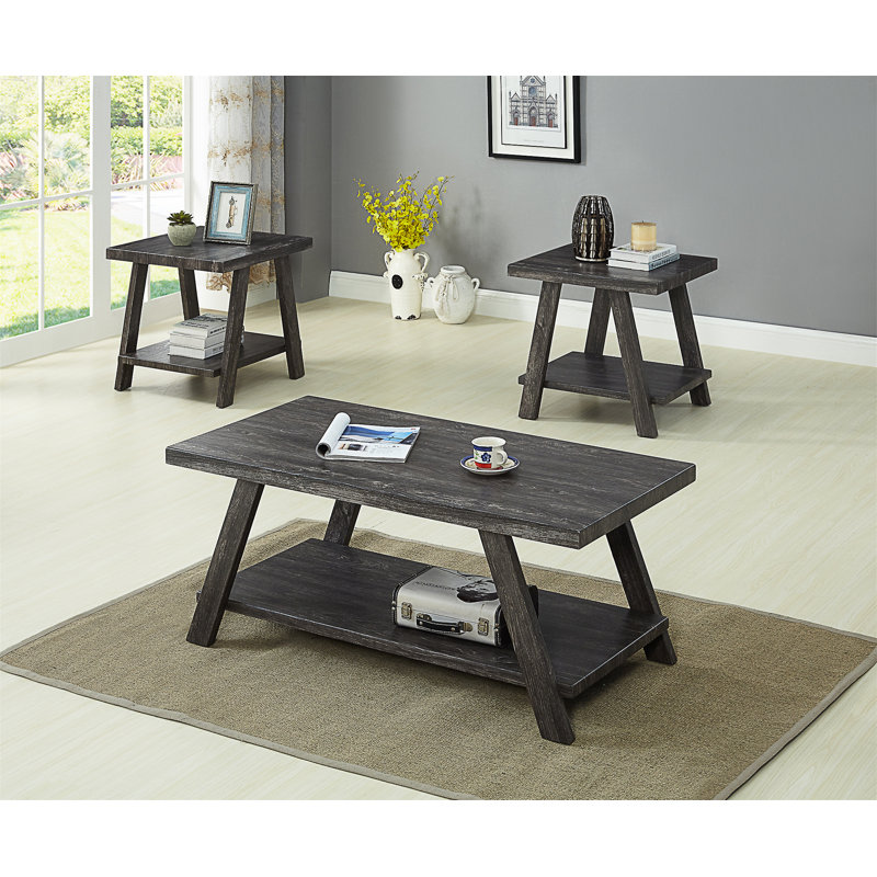 Ensemble de tables basses 3 pièces et 2 tables de bout avec tablette de rangement à finition grain de bois et salon contemporain