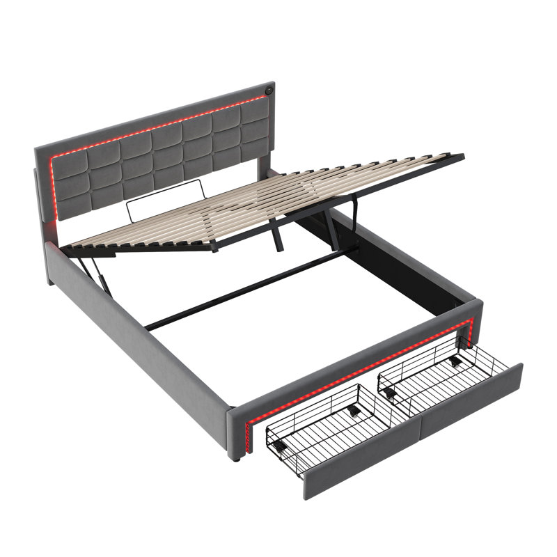 Ottoman Bed With Led And Usb Linen Grey, Double (140 x 197 cm)