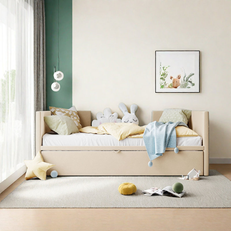 Lit de jour simple rembourré avec couchette, Beige