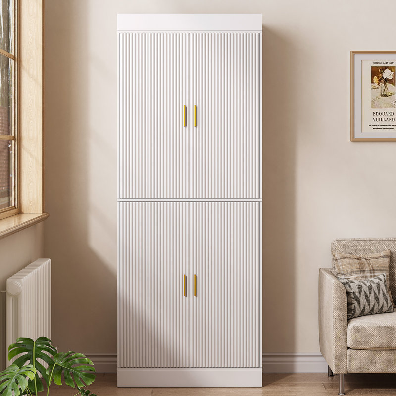 70.1” Kitchen Pantry, Storage Cabinet With 4 Fluted Doors And Adjustable Shelves, White