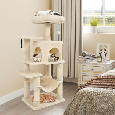 Arbre à chat de 44 po de hauteur multi-niveaux avec perchoir supérieur, 2 entrées pour chat grand beige
