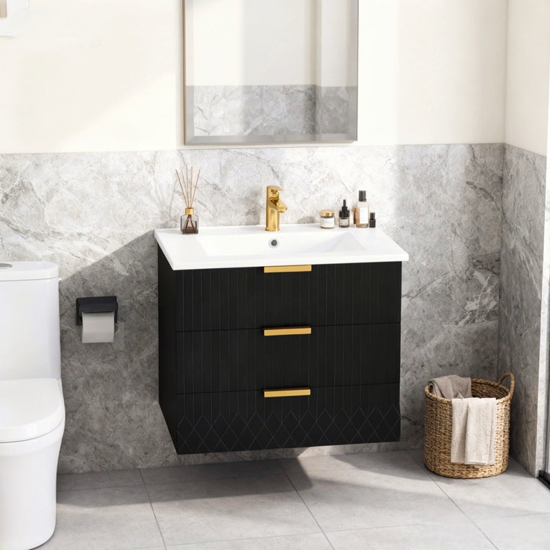 Armoire de salle de bain murale avec lavabo et tiroirs, Noir
