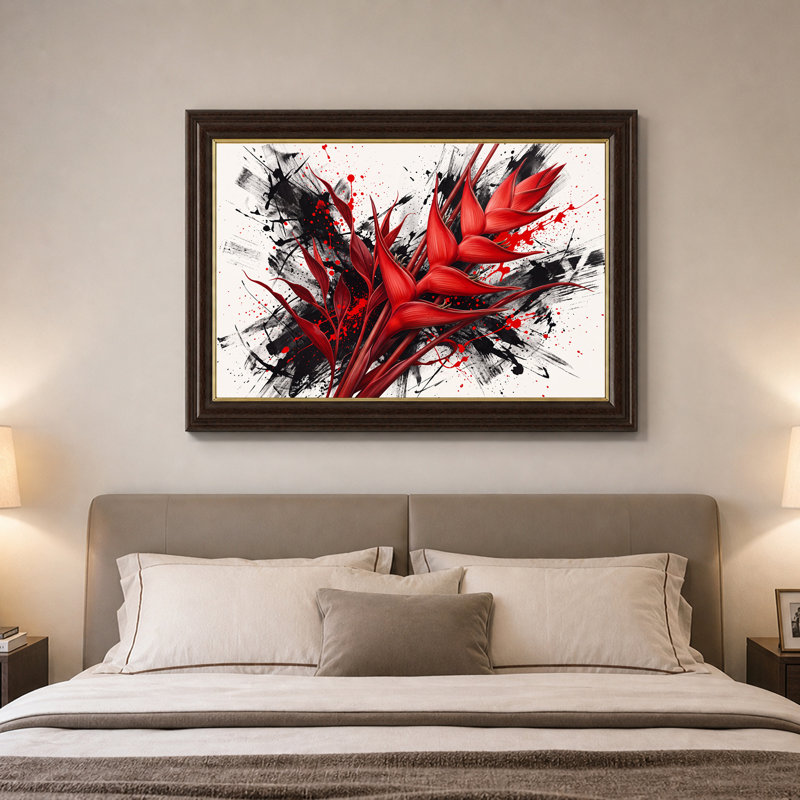 «Vibrant Red Tropical Flowers with Black Ink Splatter», art mural, 12"H x 18"W