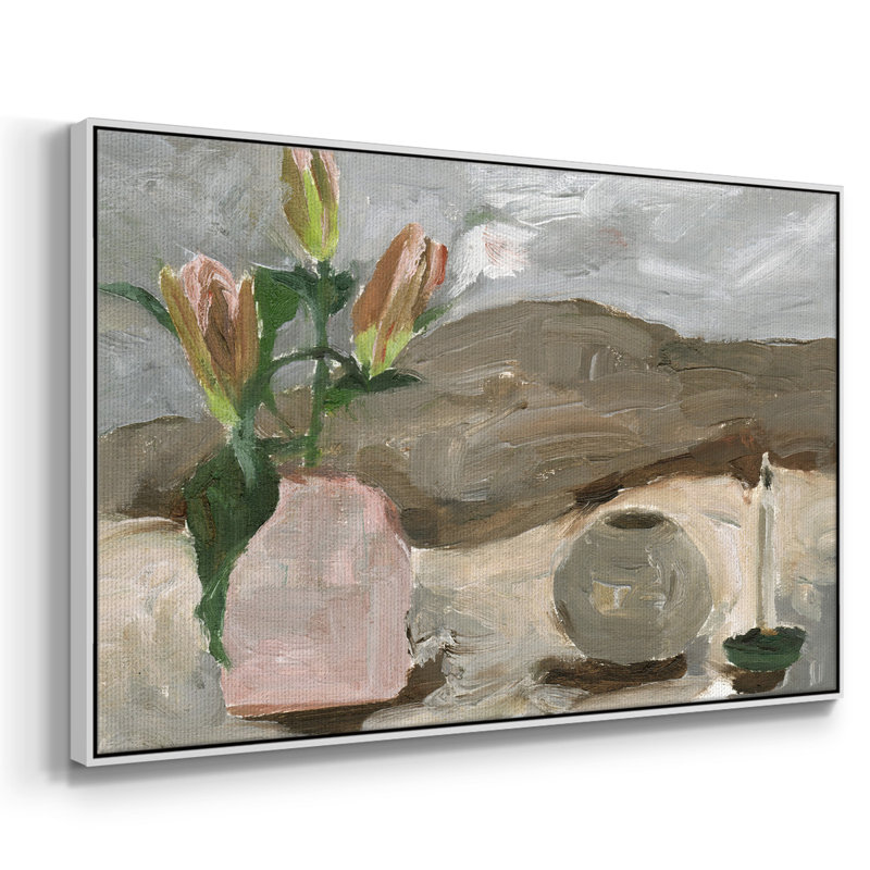 Vase de fleurs roses en V - imprimé, Toile encadrée flottée blanche, H 25 po x l 37 po x P 2 po