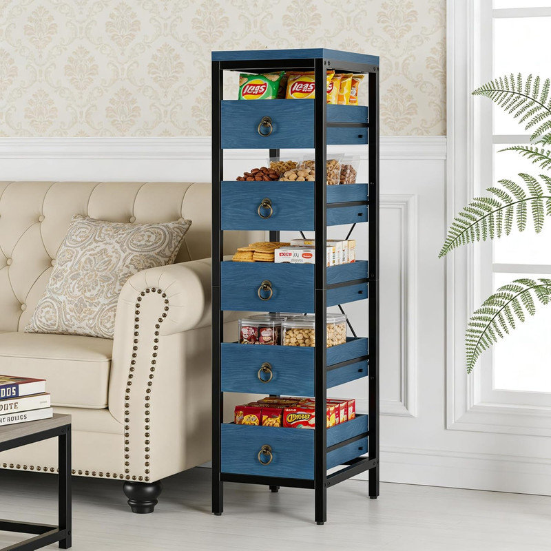 Étagère de rangement pour fruits à 5 niveaux avec 5 tiroirs coulissants, rangement utilitaire pour la cuisine, Bleu