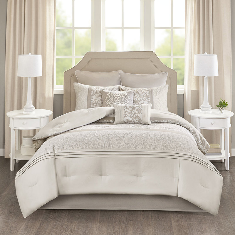 8 ensembles d'édredon - Sophistication brodée rembourrée et imprimée pour la chambre à coucher Grace Elegance comprend un édredon 2 taies décoratives, des coussins décoratifs européens et des 8 pièces lavables à la machine