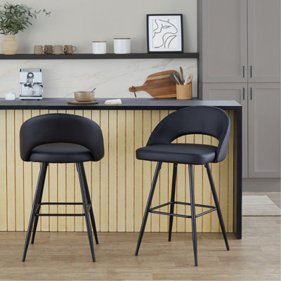 Tabouret de bar à hauteur fixe en métal noir et similicuir avec repose-pieds carré - ensemble de 2