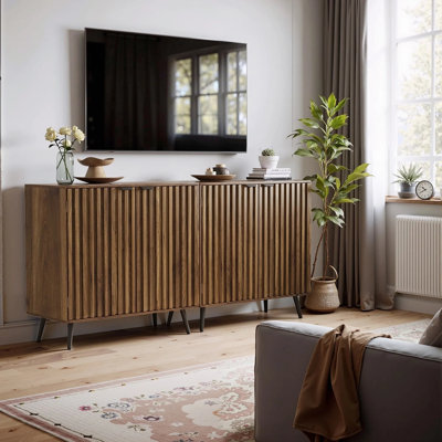 Armoire d'appoint cannelée avec portes et tablettes réglables, armoire de rangement autoportante et meuble télé pour salon