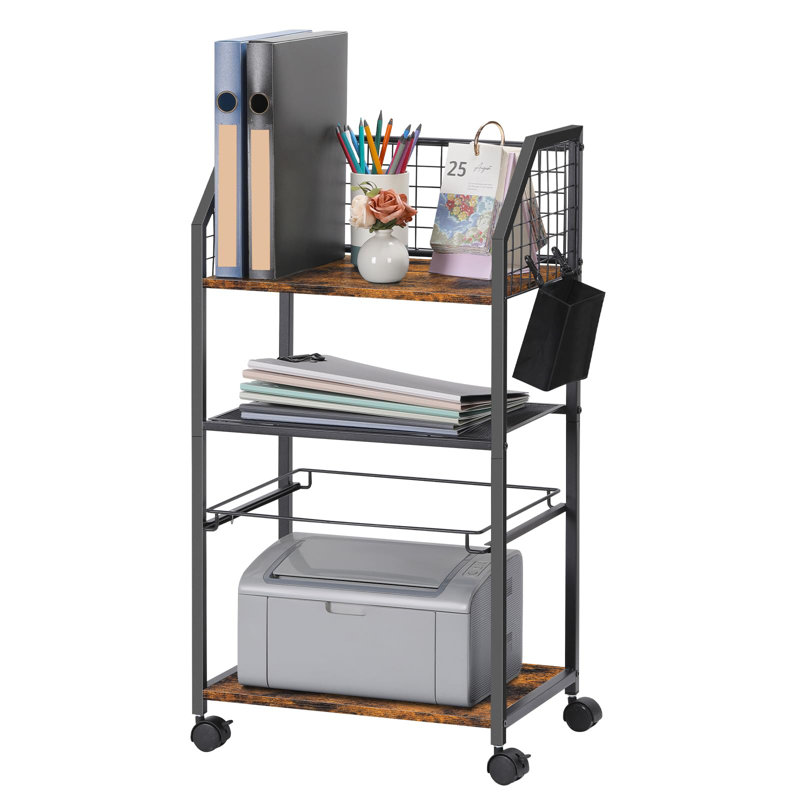 Rolling File Cart With Hanging File Folder, Wooden And Metal Mesh Design, Lockable Wheels, Brown