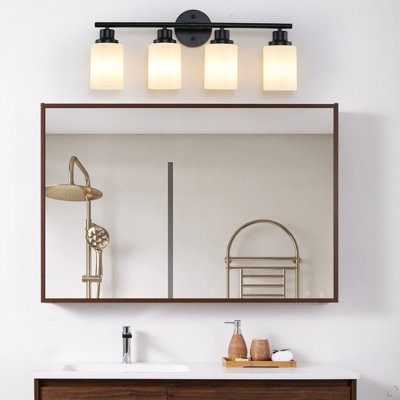24" Modern 4-Light Vanity Bathroom Mirror Light, Frosted White Glass With Black Iron Frame, Contemporary Wall Sconce For Bedroom, Bathroom, And Dressing Room (Bulb Not Included)