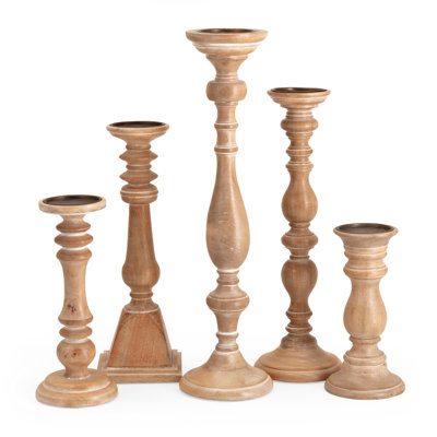 Hez 5Pc Turned Candle Holder Set, Classic Accent, Rustic Brown Wood