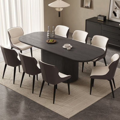 86.61" Modern Oval Black Dining Table Set with 8 Chairs for Kitchen, Bar, Living Room