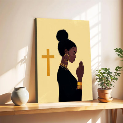 Praying African American Woman With Cross Boho Minimal Illustration Large Gallery Wrapped Canvas Wall Art Print For Living Room Bedroom