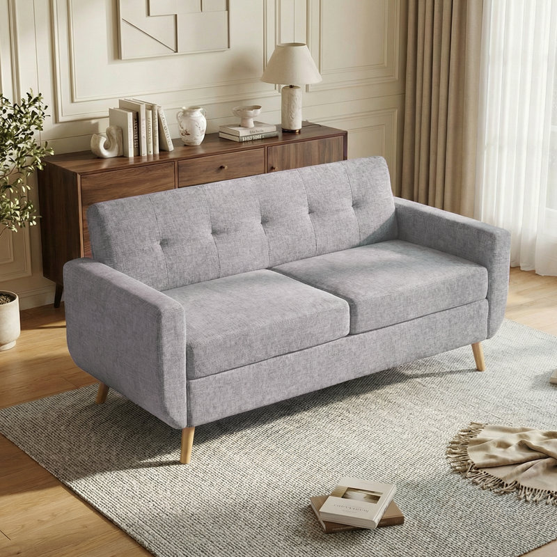 66" Square Arm Loveseat, Mid-Century Modern Chenille Couch with Reinforced Iron Frame for Living Room, Easy Assembly